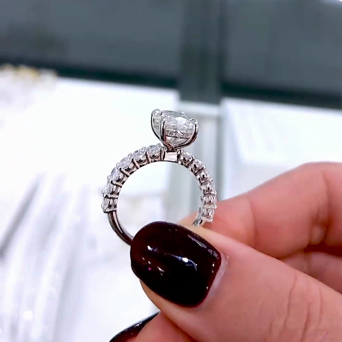 4.80tcw Oval Lab Grown Diamond Engagement Ring | Hidden Halo & Pavé Band | IGI Certified