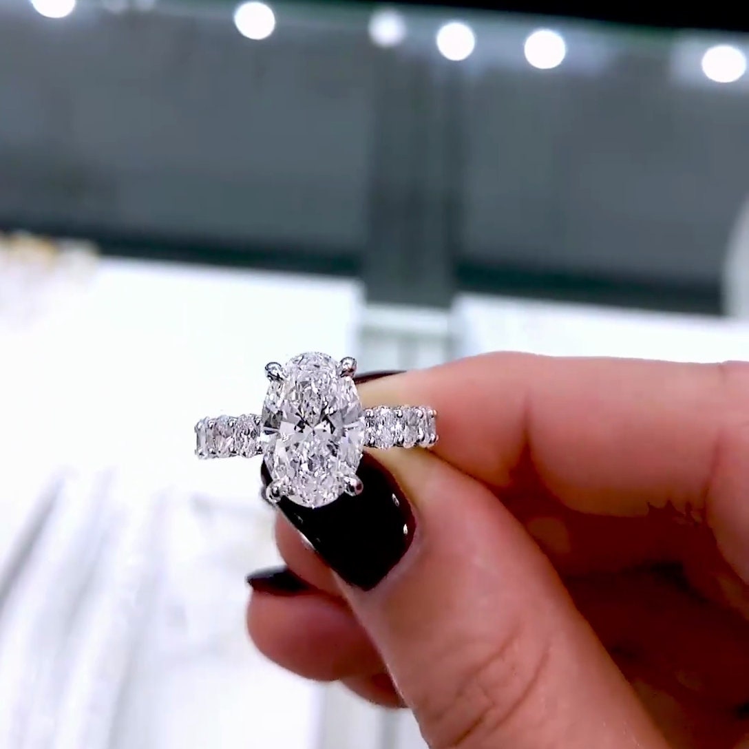 4.80tcw Oval Lab Grown Diamond Engagement Ring | Hidden Halo & Pavé Band | IGI Certified