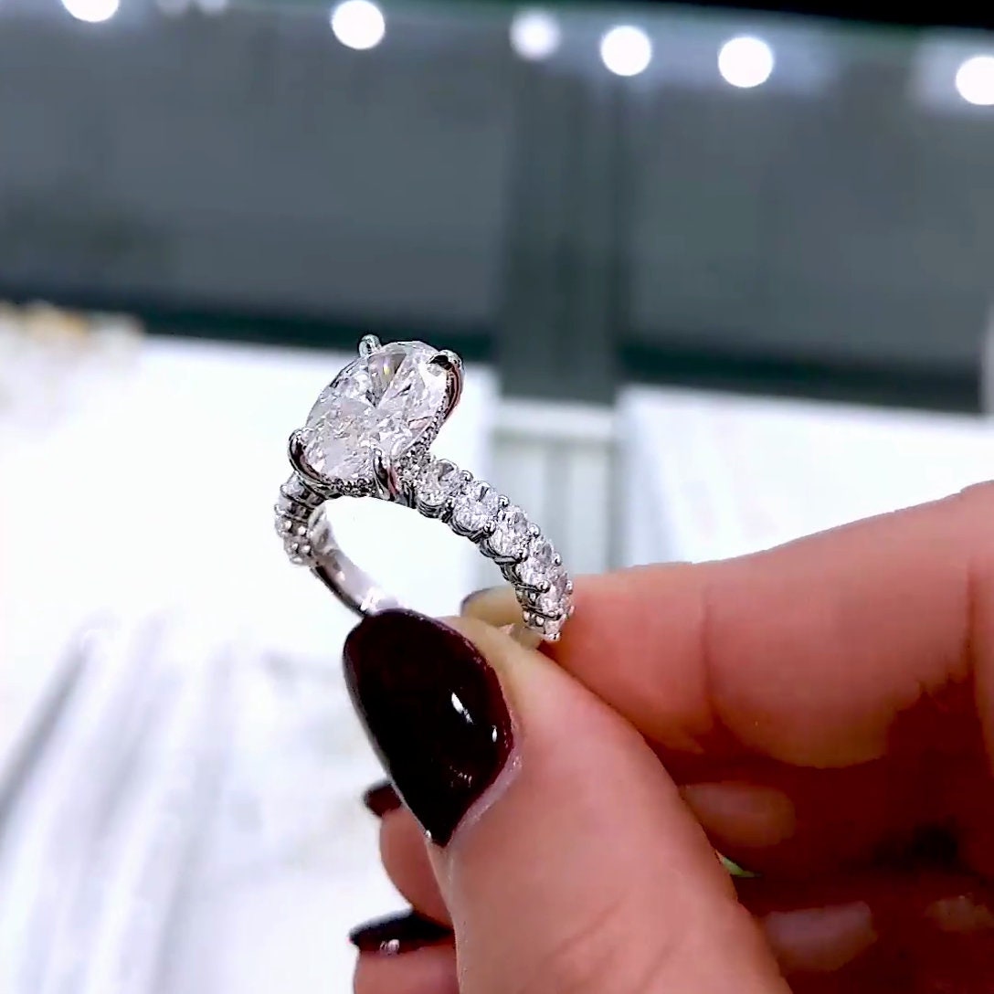 4.80tcw Oval Lab Grown Diamond Engagement Ring | Hidden Halo & Pavé Band | IGI Certified