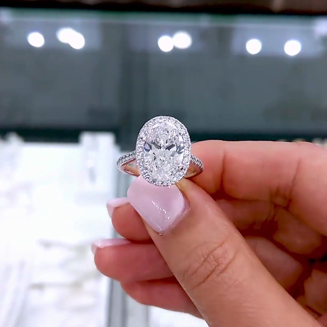 Oval 4.30tcw Lab Diamond Cathedral Halo Ring | IGI Certified | DEF VVS–VS