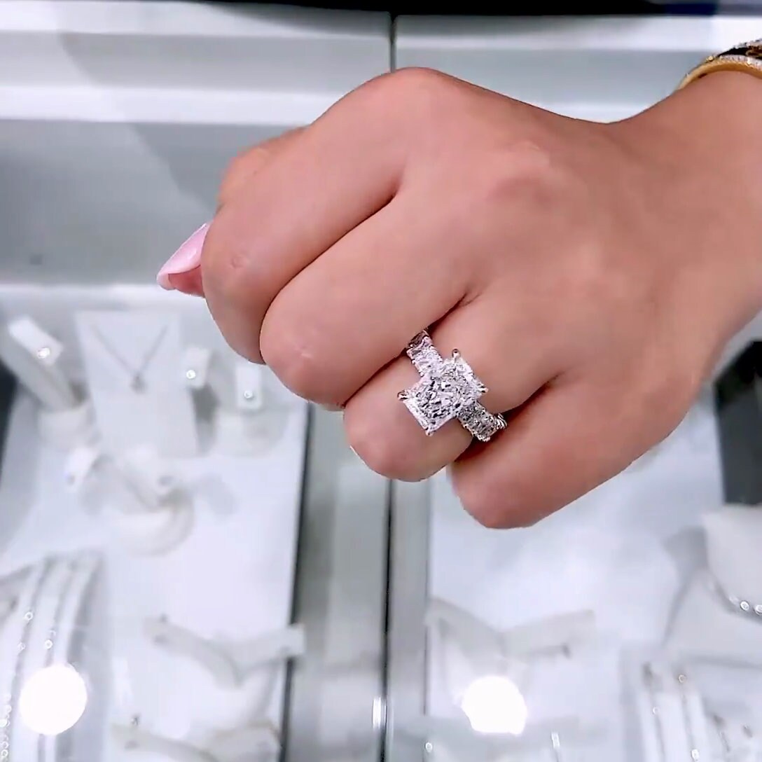 Luxury 5.30tcw Radiant Lab Diamond Ring | White Gold with Side Stones & Hidden Halo