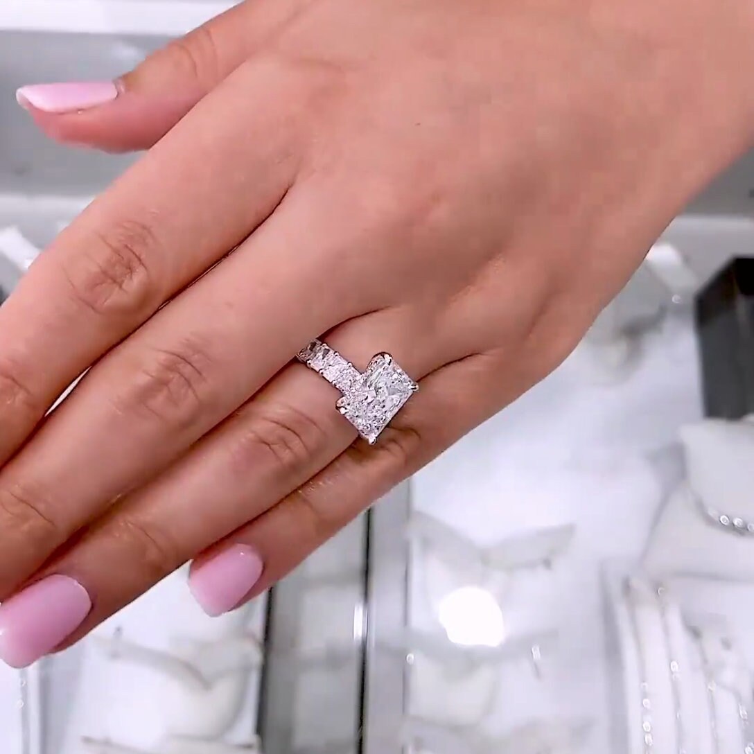 Luxury 5.30tcw Radiant Lab Diamond Ring | White Gold with Side Stones & Hidden Halo