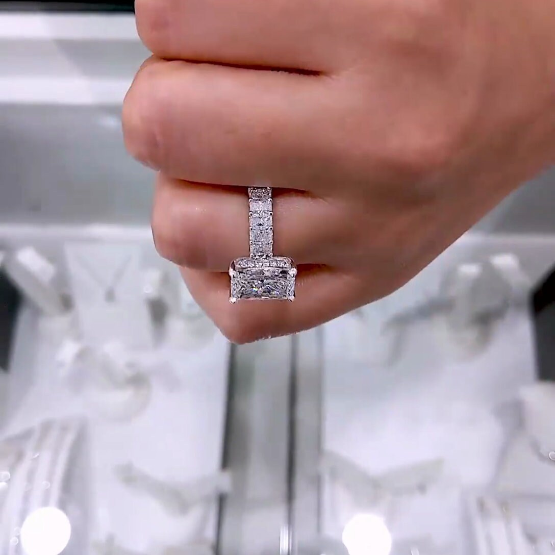 Luxury 5.30tcw Radiant Lab Diamond Ring | White Gold with Side Stones & Hidden Halo