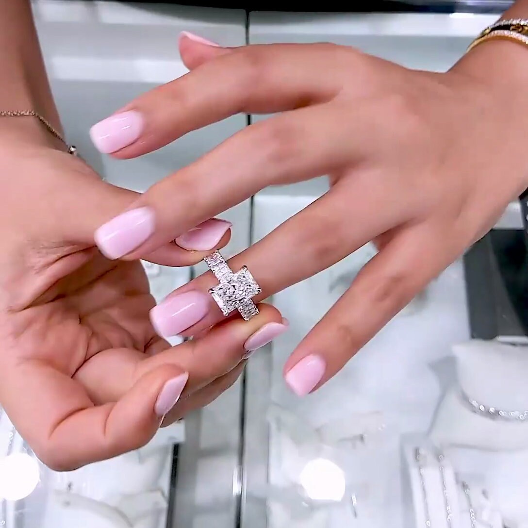 Luxury 5.30tcw Radiant Lab Diamond Ring | White Gold with Side Stones & Hidden Halo