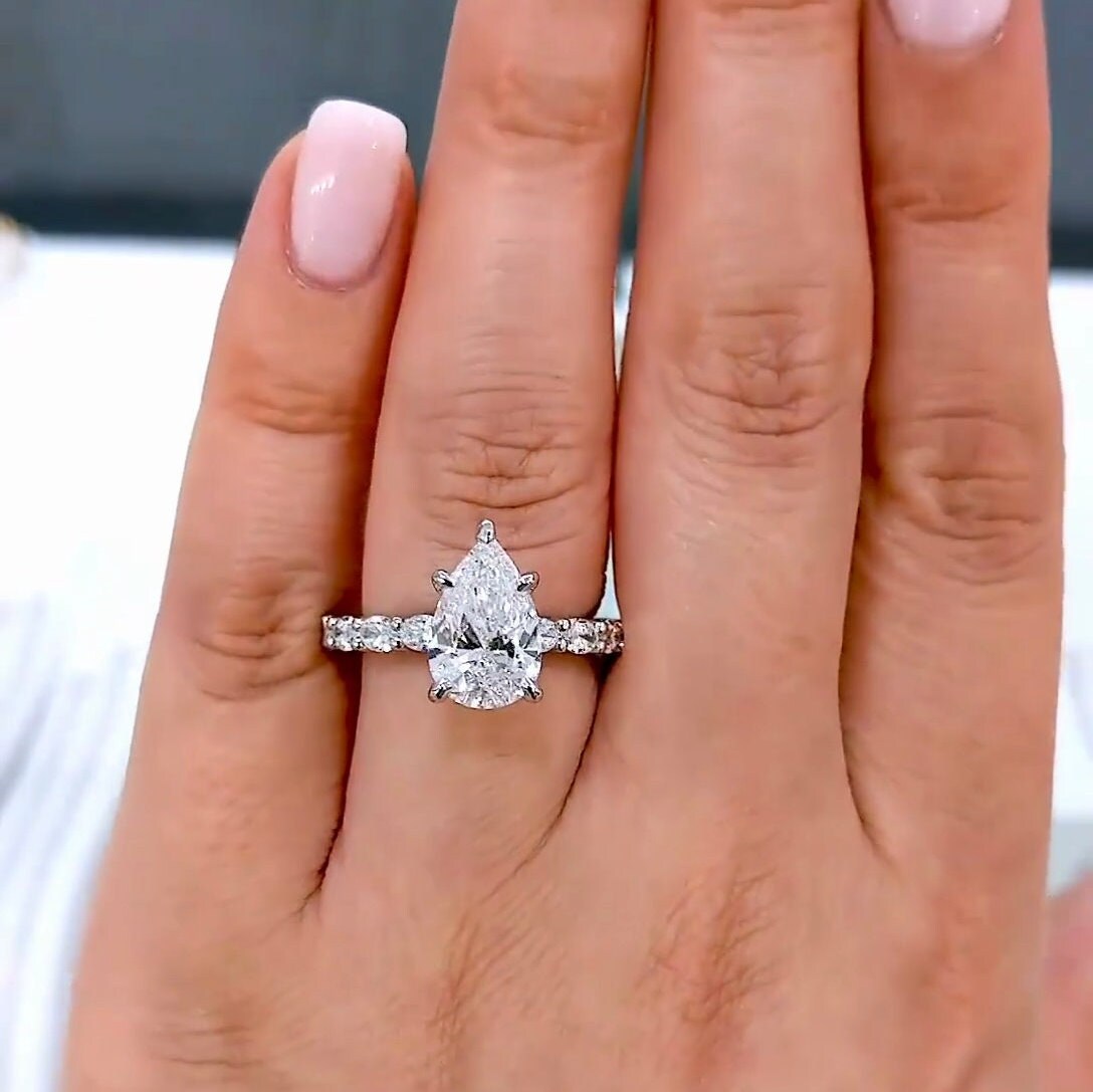 Pear 2.60tcw Lab Diamond Pavé Ring with Oval Accents | IGI Certified | D-E-F | VVS–VS