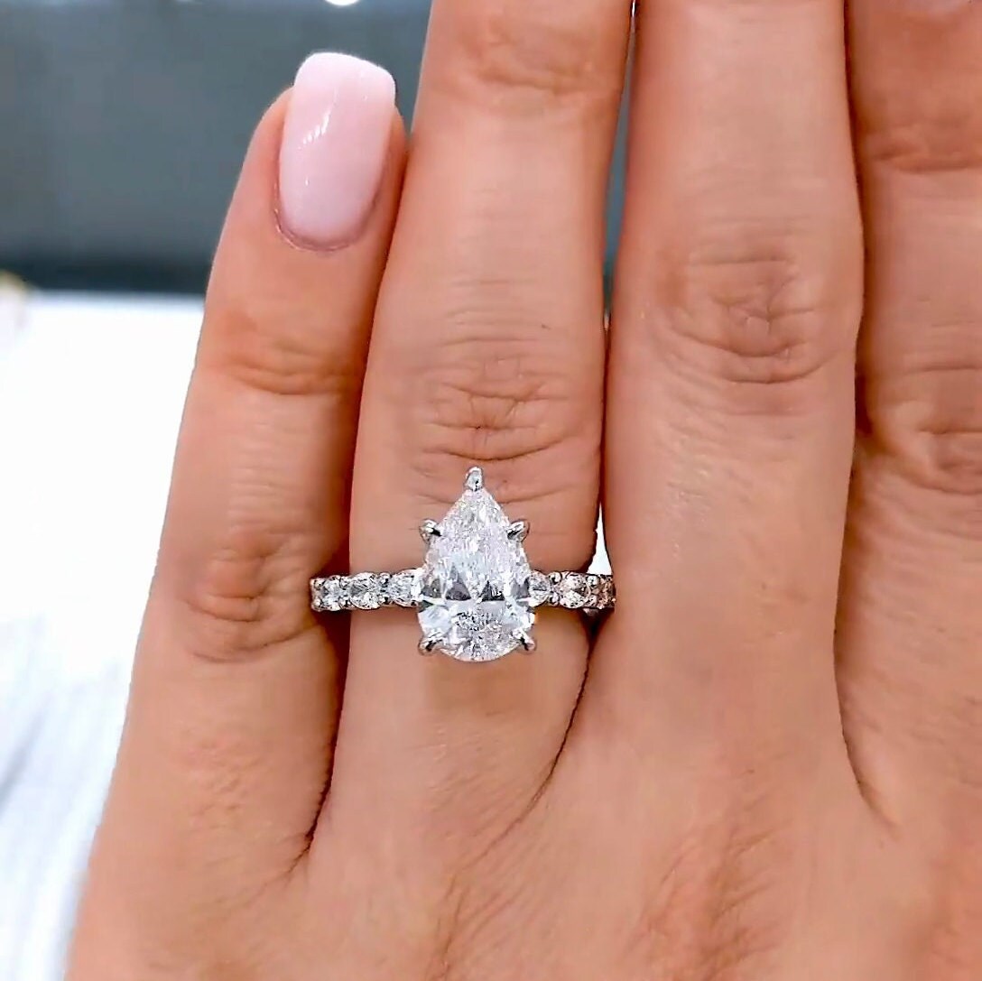 Pear 2.60tcw Lab Diamond Pavé Ring with Oval Accents | IGI Certified | D-E-F | VVS–VS