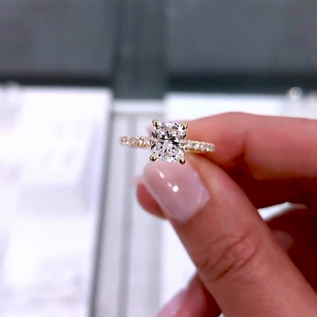 Cushion 2.30tcw Lab Diamond Hidden Halo Engagement Ring | IGI Certified | DEF VVS | Pave Gold Ring
