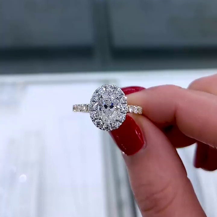 Oval 1.70tcw Lab Grown Diamond Ring | Two-Tone Halo & Pave Setting | IGI Certified