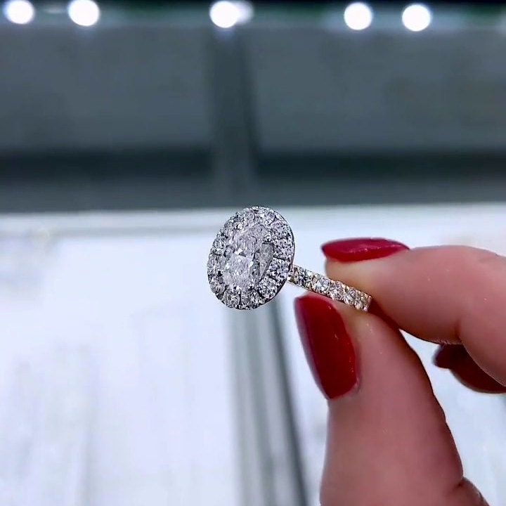 Oval 1.70tcw Lab Grown Diamond Ring | Two-Tone Halo & Pave Setting | IGI Certified