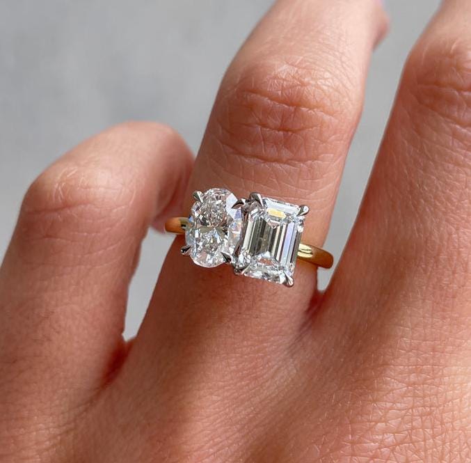 Oval and Emerald 4tcw Lab Grown Diamond Two Tone Toi et Moi Engagement ring, EF Color, VS Clarity