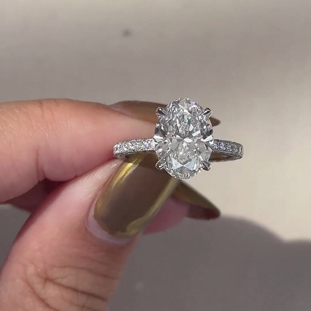 4.00tcw Oval Lab Grown Diamond Engagement Ring | 3.00ct Center | Hidden Halo | IGI Certified