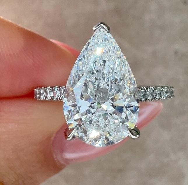 3.00tcw Pear Cut Lab Diamond Ring | Hidden Halo + Pave Setting | IGI Certified | Handmade Gold