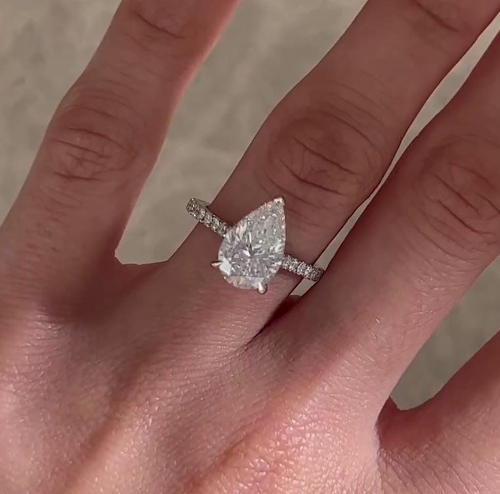 3.00tcw Pear Cut Lab Diamond Ring | Hidden Halo + Pave Setting | IGI Certified | Handmade Gold