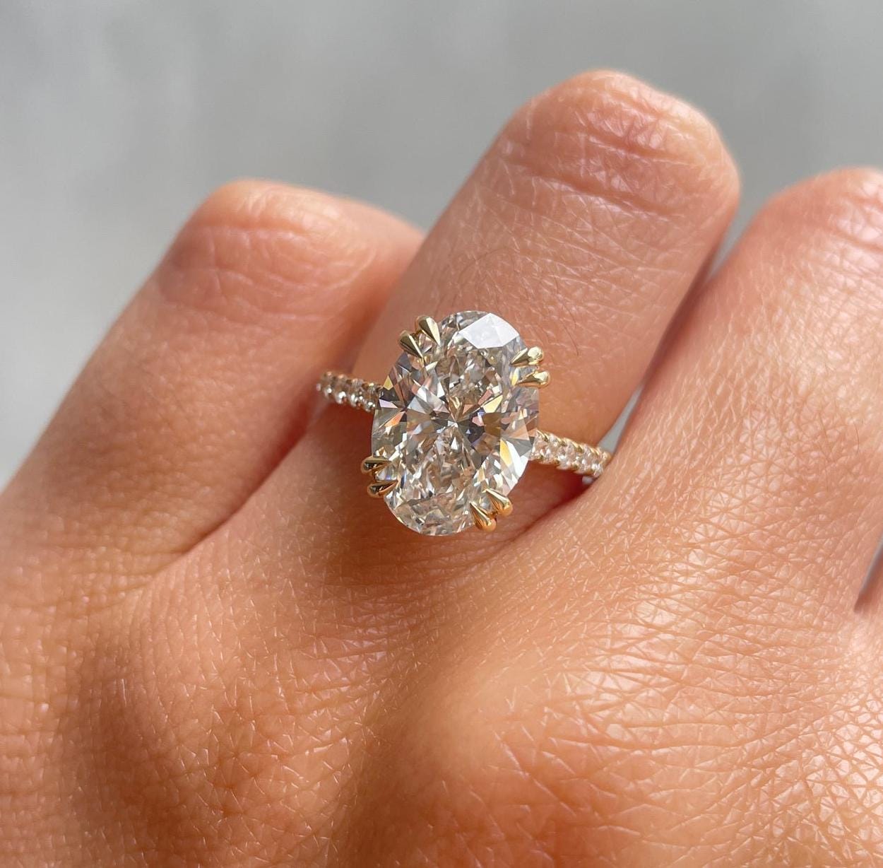 3.00ct Oval Lab Grown Diamond Engagement Ring | Double Claw & Hidden Halo | IGI Certified