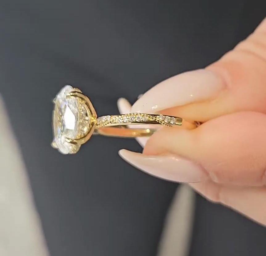 3.20tcw Oval Lab Diamond Engagement Ring | Hidden Halo | IGI Certified | Yellow Gold | VVS–VS