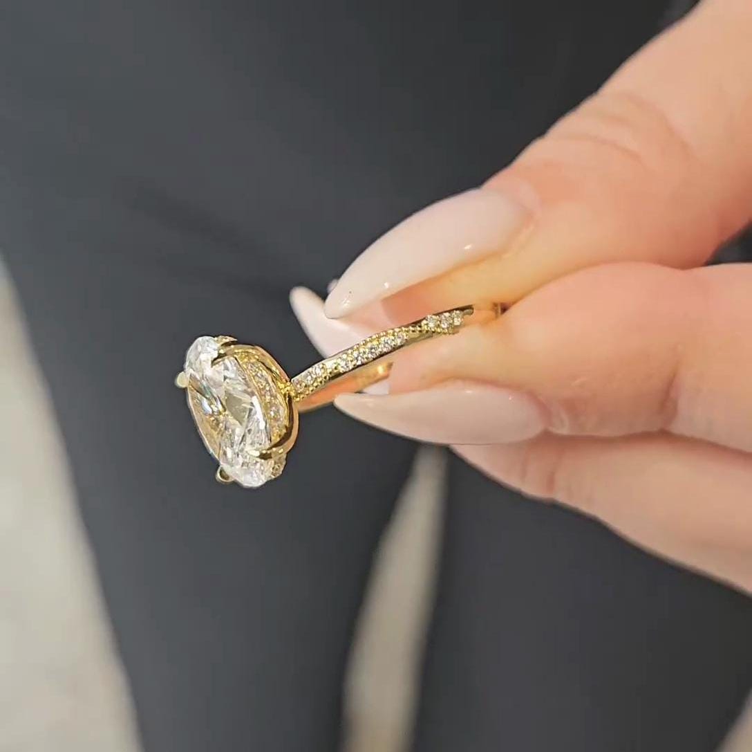 3.20tcw Oval Lab Diamond Engagement Ring | Hidden Halo | IGI Certified | Yellow Gold | VVS–VS