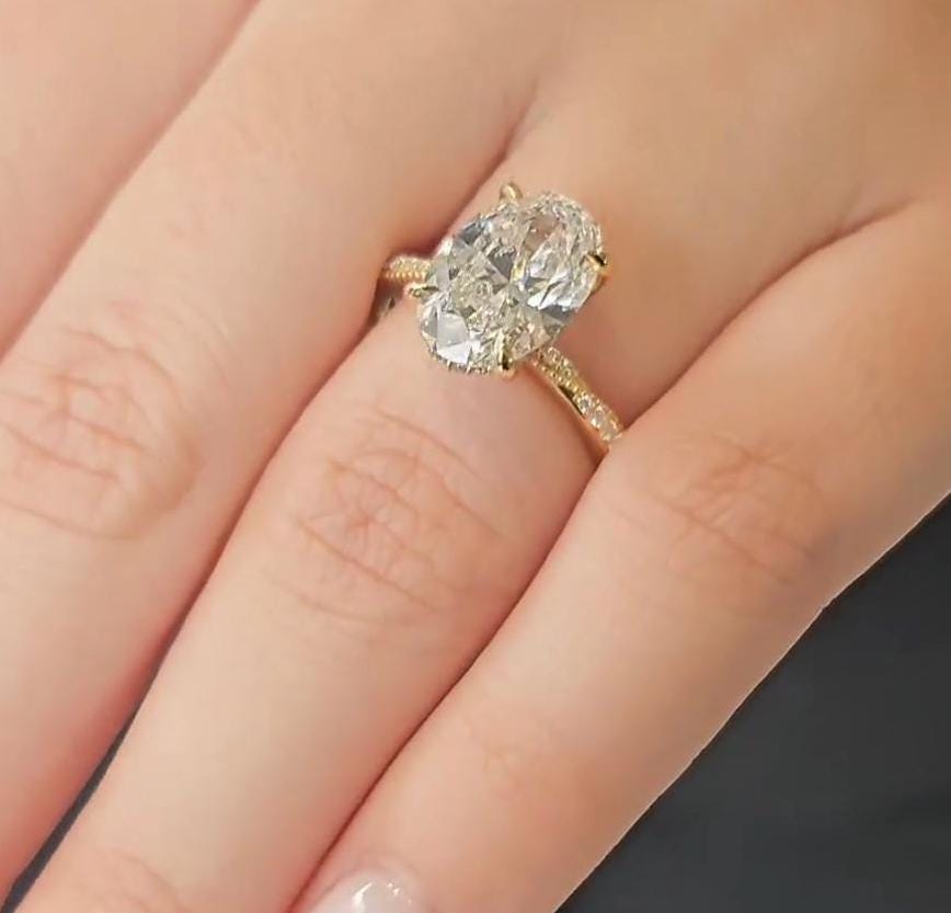 3.20tcw Oval Lab Diamond Engagement Ring | Hidden Halo | IGI Certified | Yellow Gold | VVS–VS