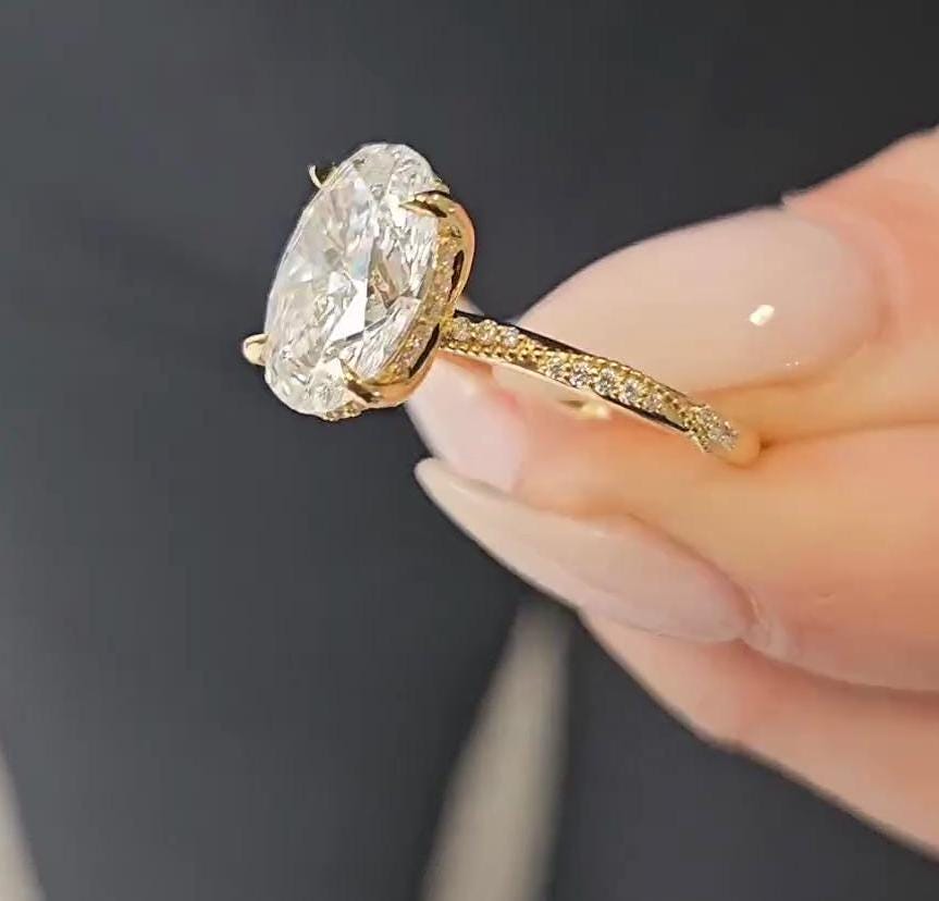 3.20tcw Oval Lab Diamond Engagement Ring | Hidden Halo | IGI Certified | Yellow Gold | VVS–VS