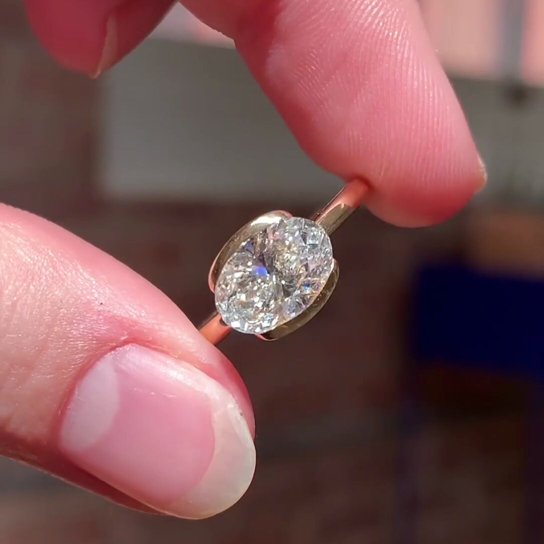 Oval 3.00ct Lab Diamond Half Bezel Engagement Ring | IGI Certified D-E-F VVS–VS Clarity