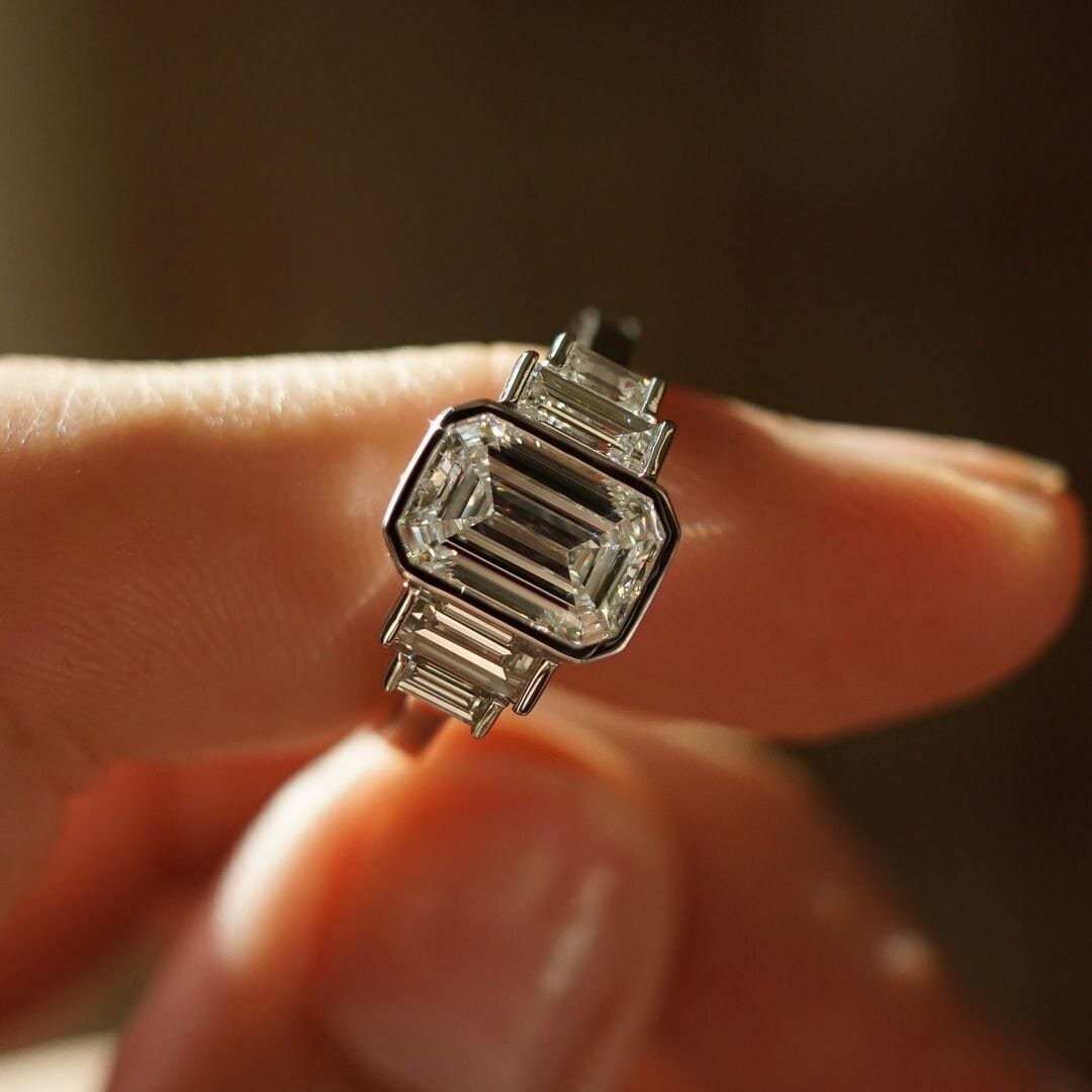 3.00tcw Emerald Lab Grown Diamond Bezel Engagement Ring | Baguette Side Stones | IGI Certified