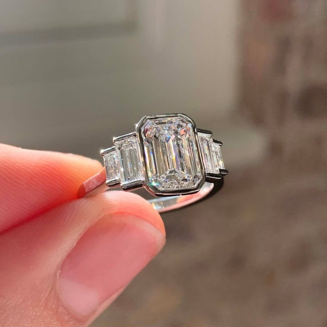 3.00tcw Emerald Lab Grown Diamond Bezel Engagement Ring | Baguette Side Stones | IGI Certified