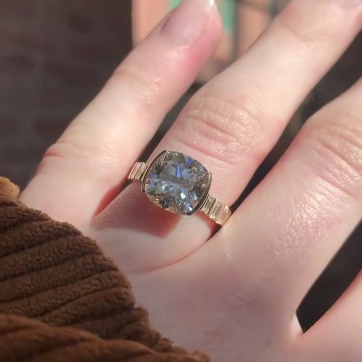 4.50tcw Cushion Lab Grown Diamond East West Half Bezel Engagement Ring | IGI Certified | VVS–VS Clarity