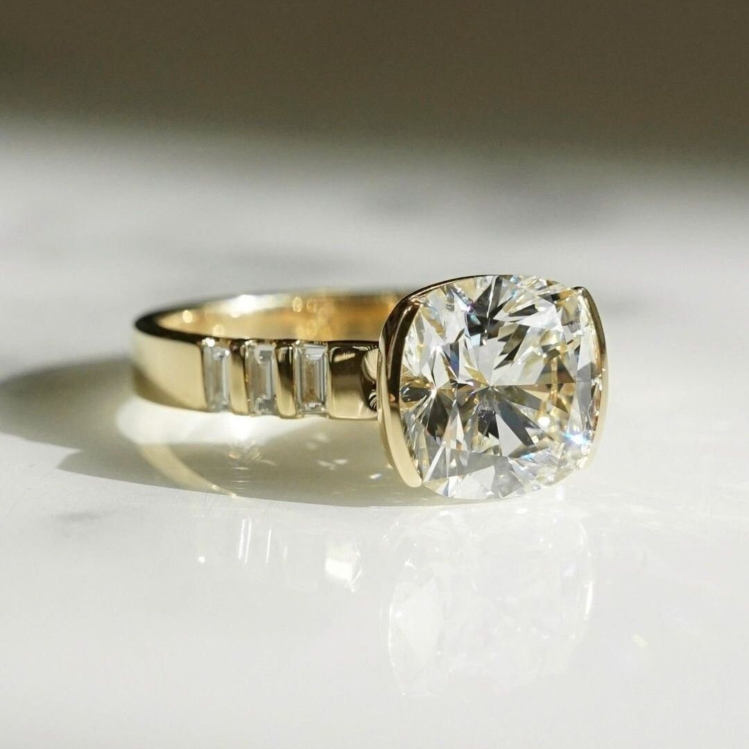 4.50tcw Cushion Lab Grown Diamond East West Half Bezel Engagement Ring | IGI Certified | VVS–VS Clarity