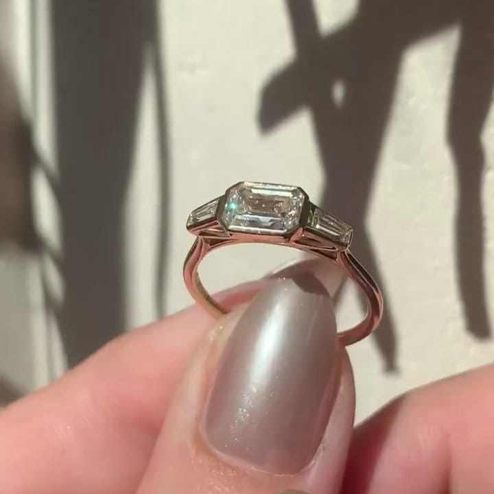 2.00tcw Emerald East-West Bezel Lab Grown Diamond Ring | IGI Certified | DEF VVS | Yellow Gold