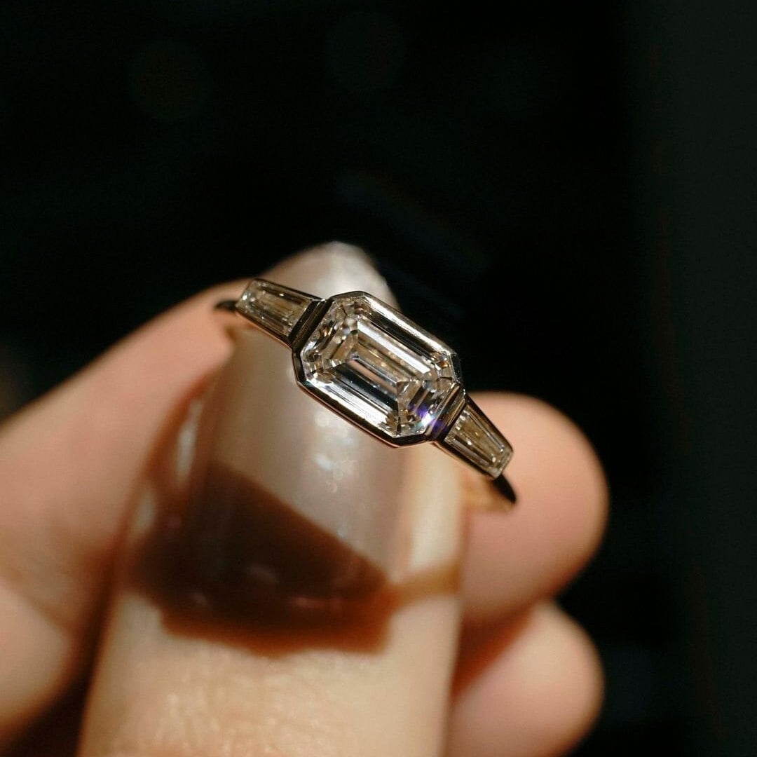 2.00tcw Emerald East-West Bezel Lab Grown Diamond Ring | IGI Certified | DEF VVS | Yellow Gold