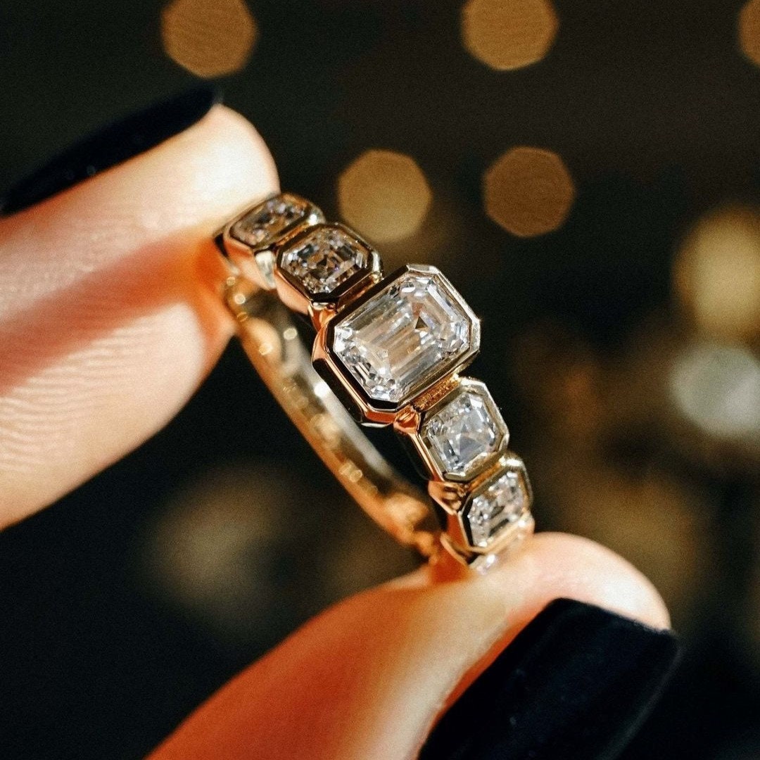 3.00tcw Emerald Lab Grown Diamond Engagement Ring | Bezel Set with Asscher Side Stones | IGI Certified