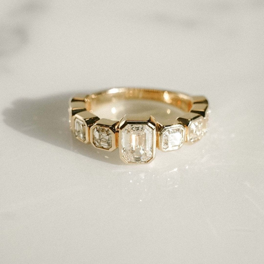 3.00tcw Emerald Lab Grown Diamond Engagement Ring | Bezel Set with Asscher Side Stones | IGI Certified