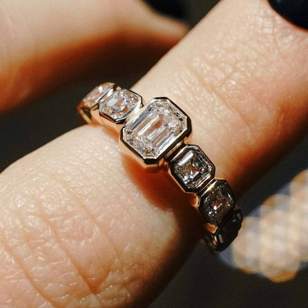 3.00tcw Emerald Lab Grown Diamond Engagement Ring | Bezel Set with Asscher Side Stones | IGI Certified