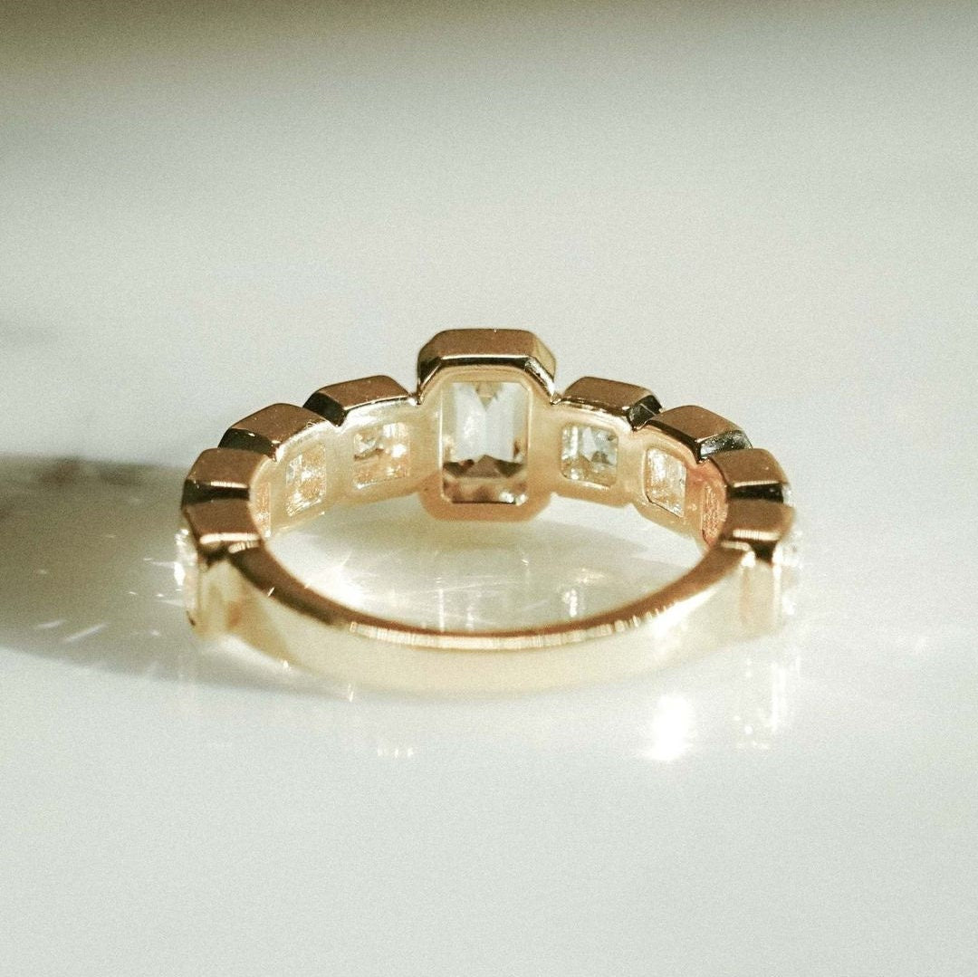 3.00tcw Emerald Lab Grown Diamond Engagement Ring | Bezel Set with Asscher Side Stones | IGI Certified