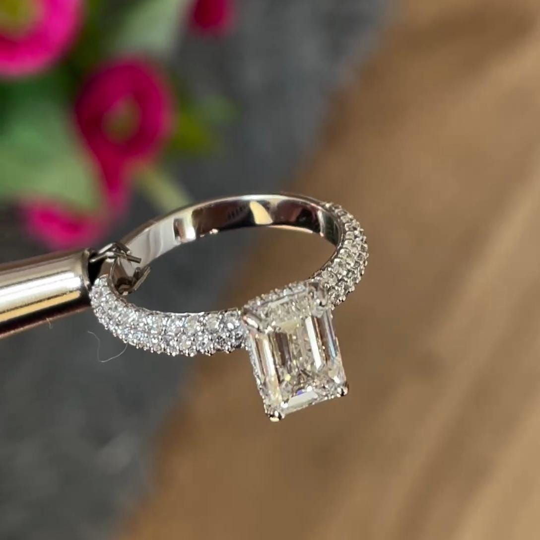 2.50tcw Emerald Lab Grown Diamond Engagement Ring | Pave Hidden Halo | IGI Certified | White Gold