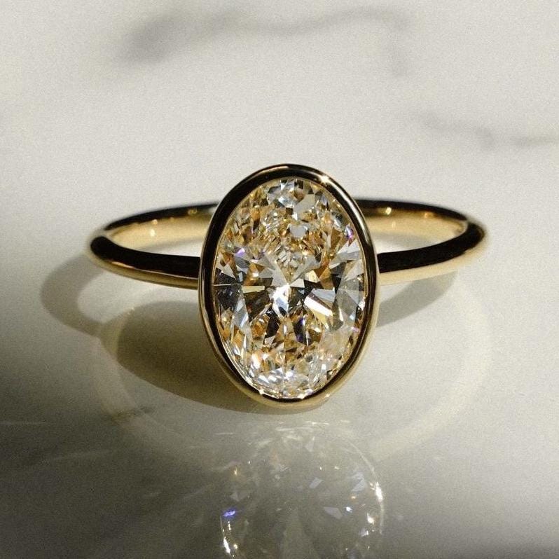 Bezel Set 2.00ct Oval Lab Grown Diamond Ring | IGI Certified | VVS–VS | 10k 14k 18k Gold Options