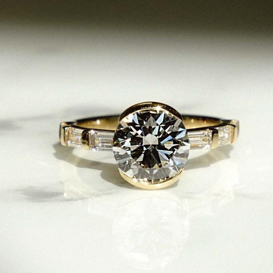 3.00tcw Lab Grown Round Diamond Ring | Bezel & Side Baguettes | Certified And Customizable