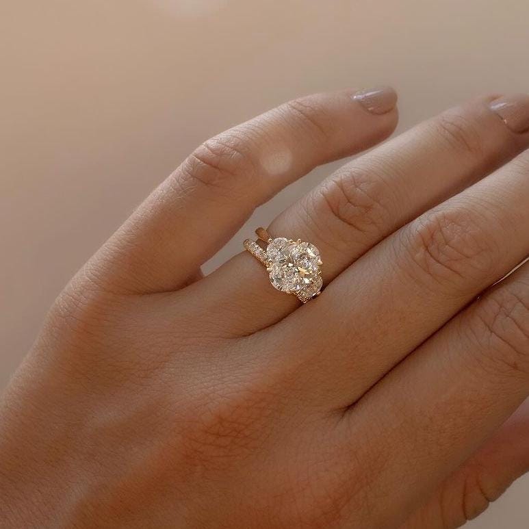 Yellow Gold Oval Lab Diamond Ring | 2.40tcw Three Stone with Half Moon Sides | IGI Certified