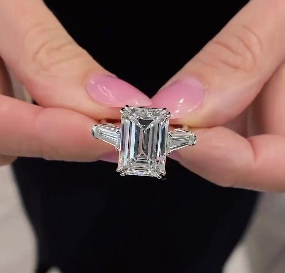 Emerald 7.00tcw Lab Diamond Three Stone Ring | IGI Certified | Tap Baguette | D-E-F VVS–VS Clarity