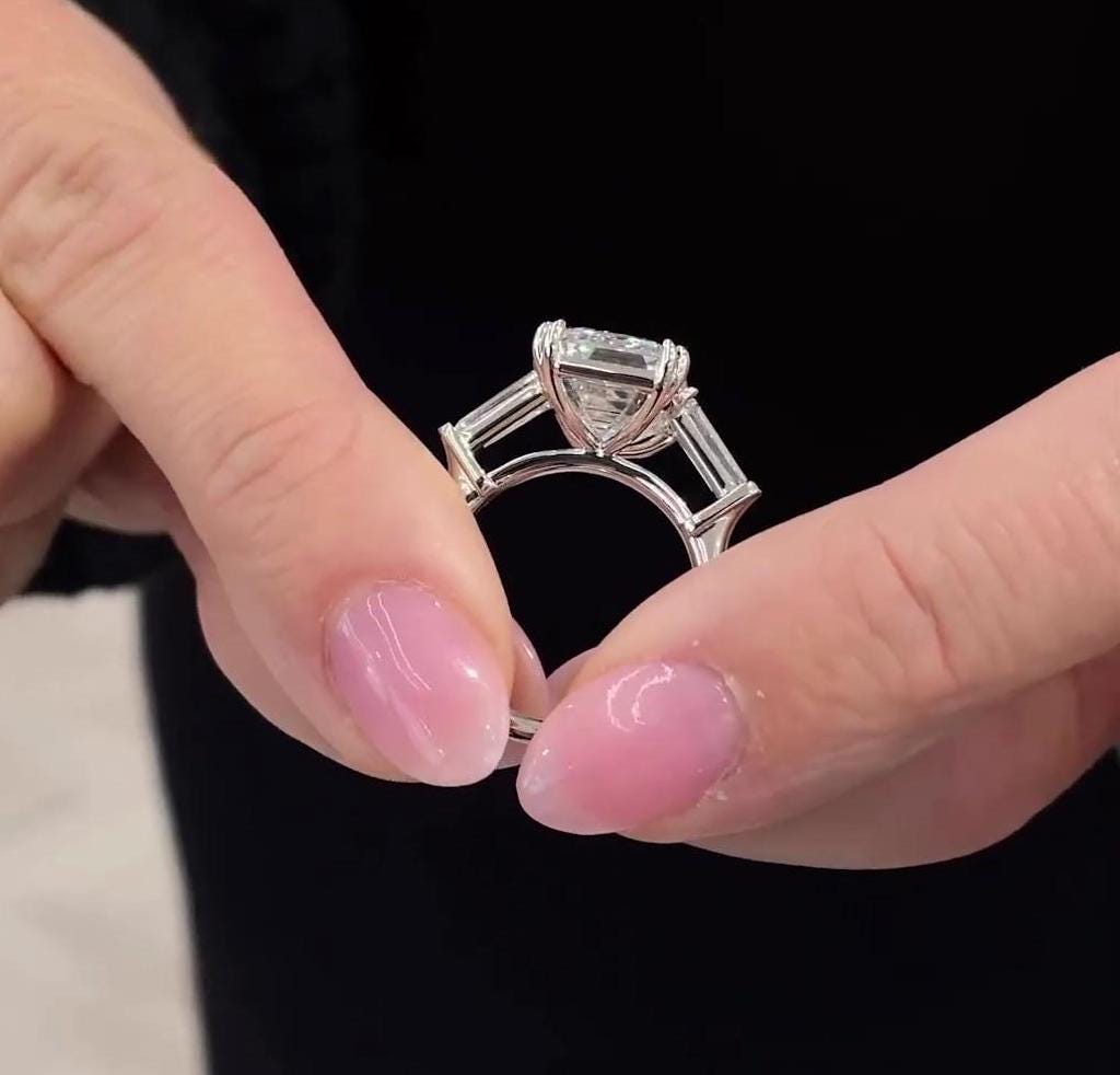 Emerald 7.00tcw Lab Diamond Three Stone Ring | IGI Certified | Tap Baguette | D-E-F VVS–VS Clarity