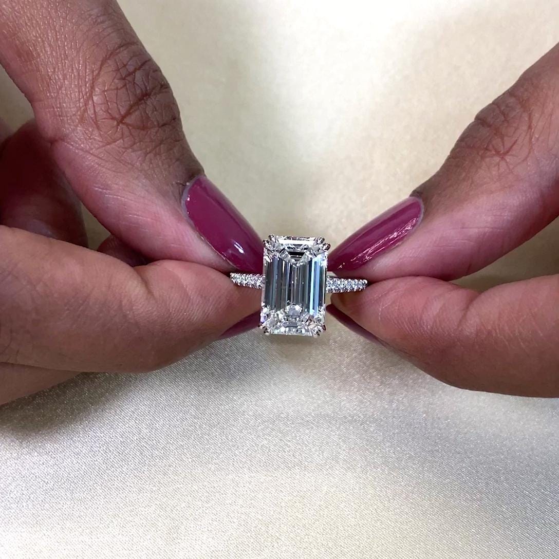 5.20tcw Lab-Grown Emerald Diamond Ring | Tapered Cathedral Setting | IGI Certified