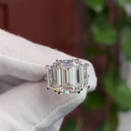 Emerald 15.00tcw Lab Grown Diamond Three Stone Engagement Ring | IGI Certified D-E-F VVS–VS