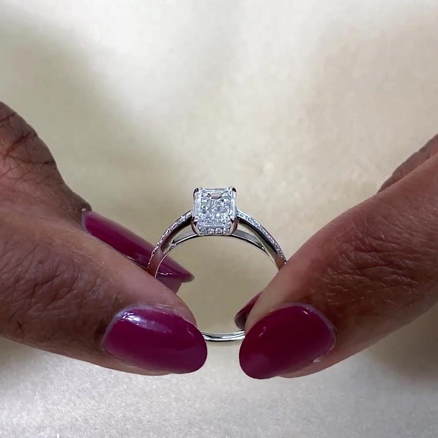 1.50tcw Emerald Lab Diamond Engagement Ring | Hidden Halo | Cathedral Setting | IGI Certified