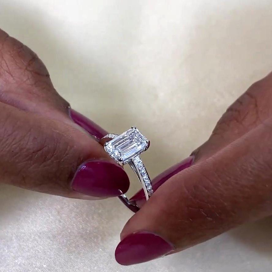 1.50tcw Emerald Lab Diamond Engagement Ring | Hidden Halo | Cathedral Setting | IGI Certified