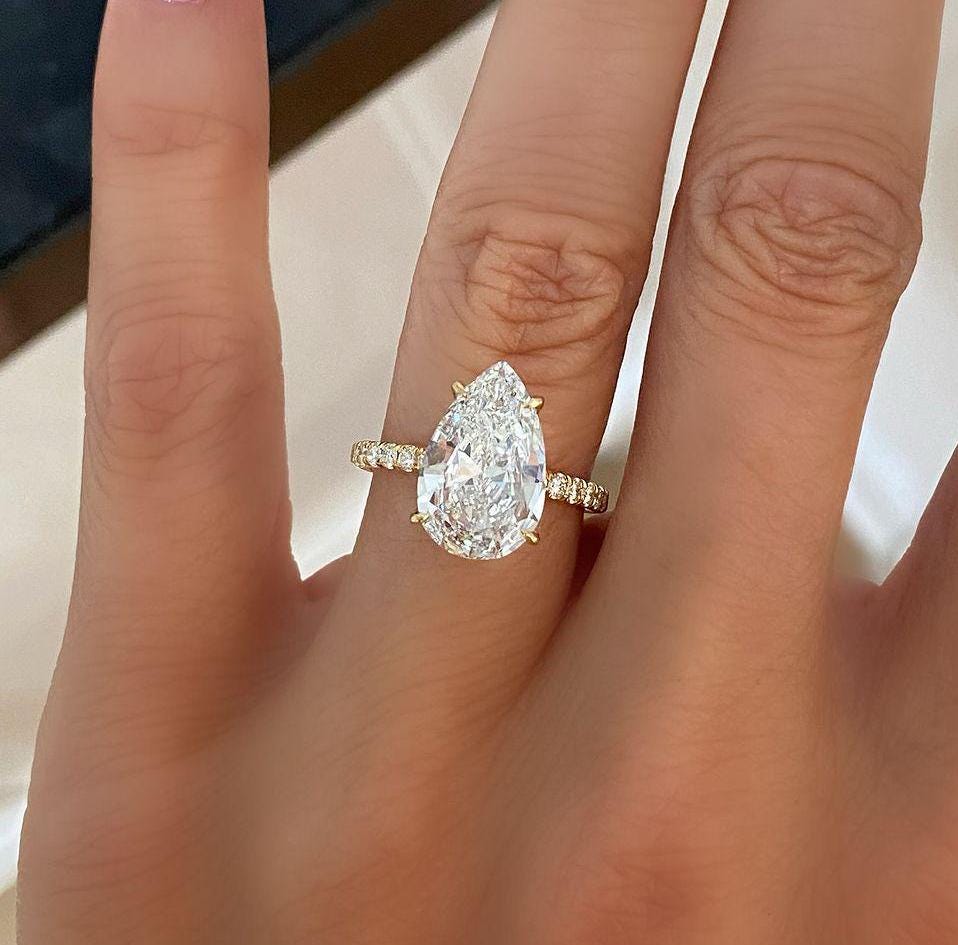 4.40tcw Pear Lab Grown Diamond Pavé Engagement Ring | DEF Color | VVS–VS Clarity | IGI Certified