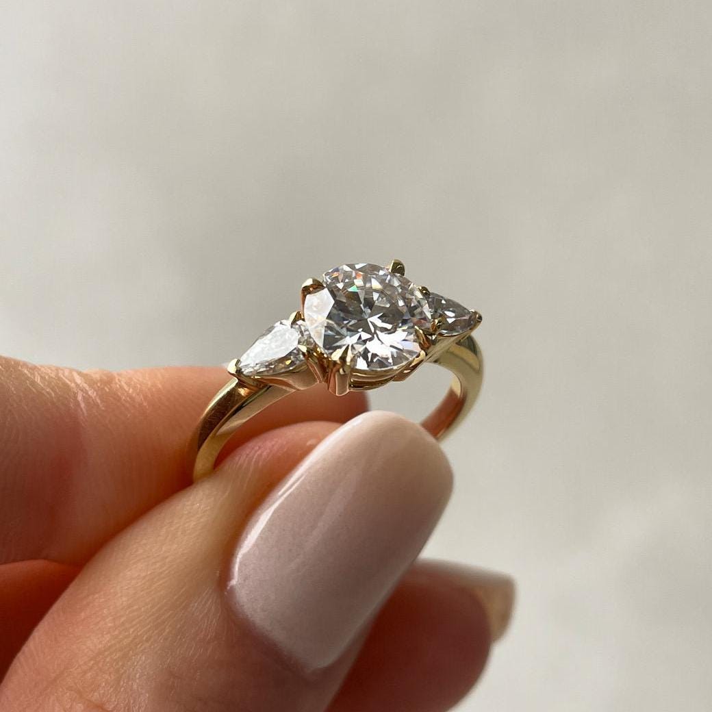 Elegant Round 2.50tcw Lab Diamond Ring | Pear Side Stones | Yellow Gold | IGI Certified