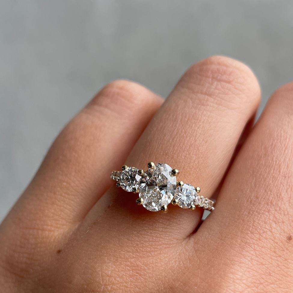 Oval 2.50tcw Lab Diamond Ring | Side Stone Band | IGI Certified | D-E-F VVS–VS | White or Yellow Gold