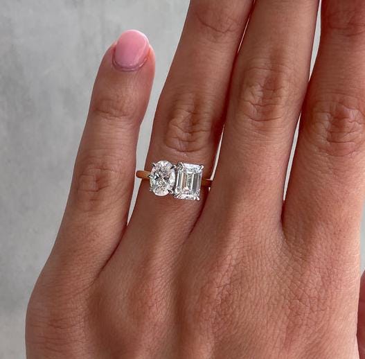 Oval and Emerald 4tcw Lab Grown Diamond Two Tone Toi et Moi Engagement ring, EF Color, VS Clarity