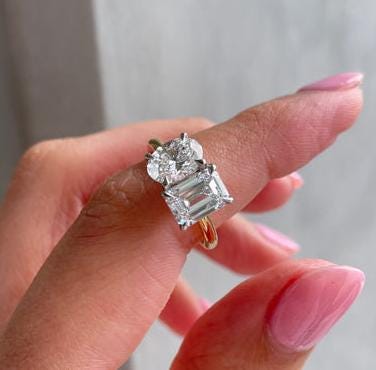 Oval and Emerald 4tcw Lab Grown Diamond Two Tone Toi et Moi Engagement ring, EF Color, VS Clarity