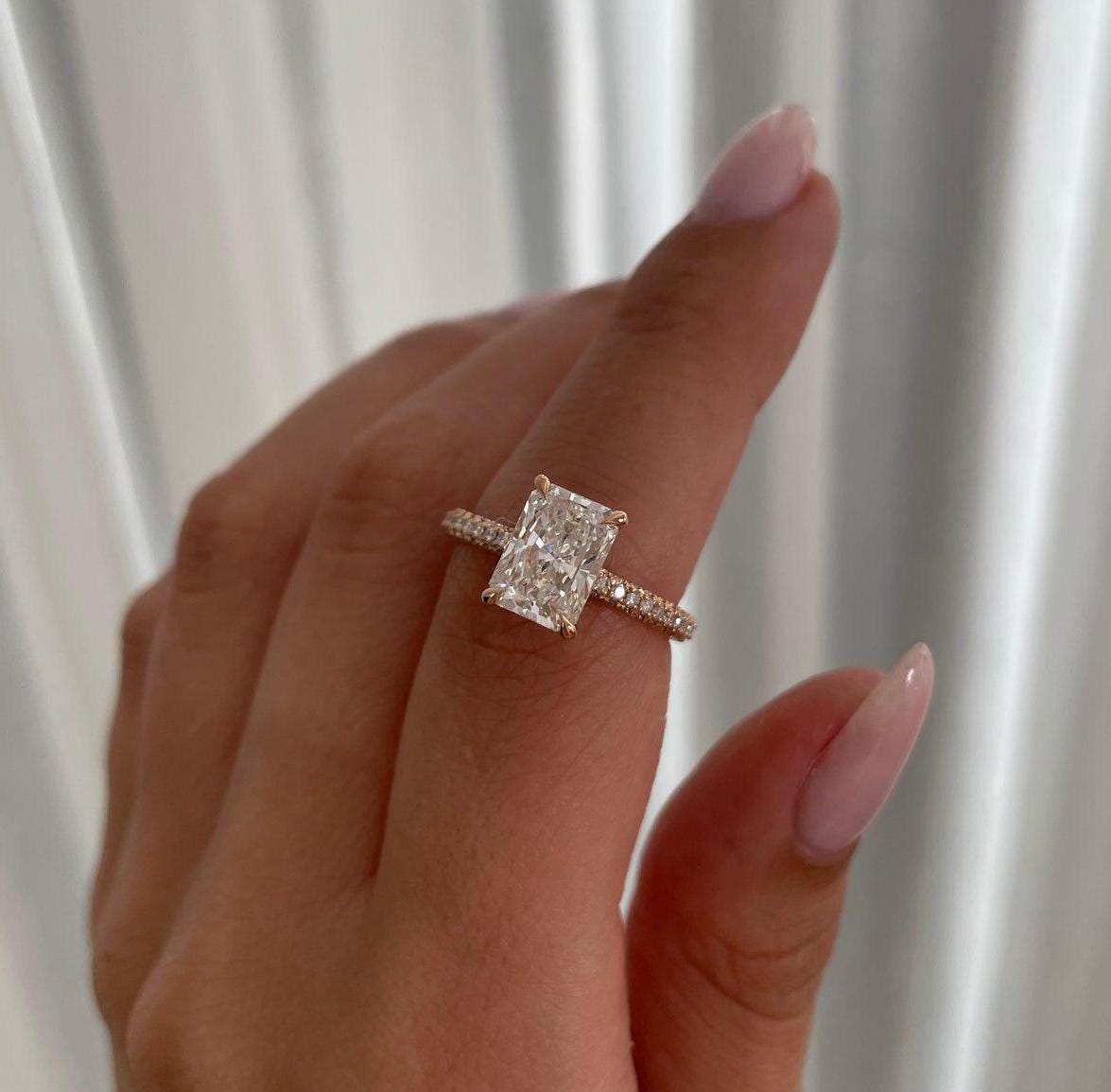 Radiant Cut 3.00tcw Lab Diamond Ring | IGI Certified | Rose Gold with Hidden Halo Design