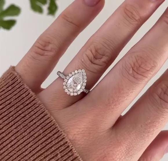 3.50tcw Pear Lab Grown Diamond Halo Pave Engagement Ring | IGI Certified | DEF Color | VVS–VS Clarity